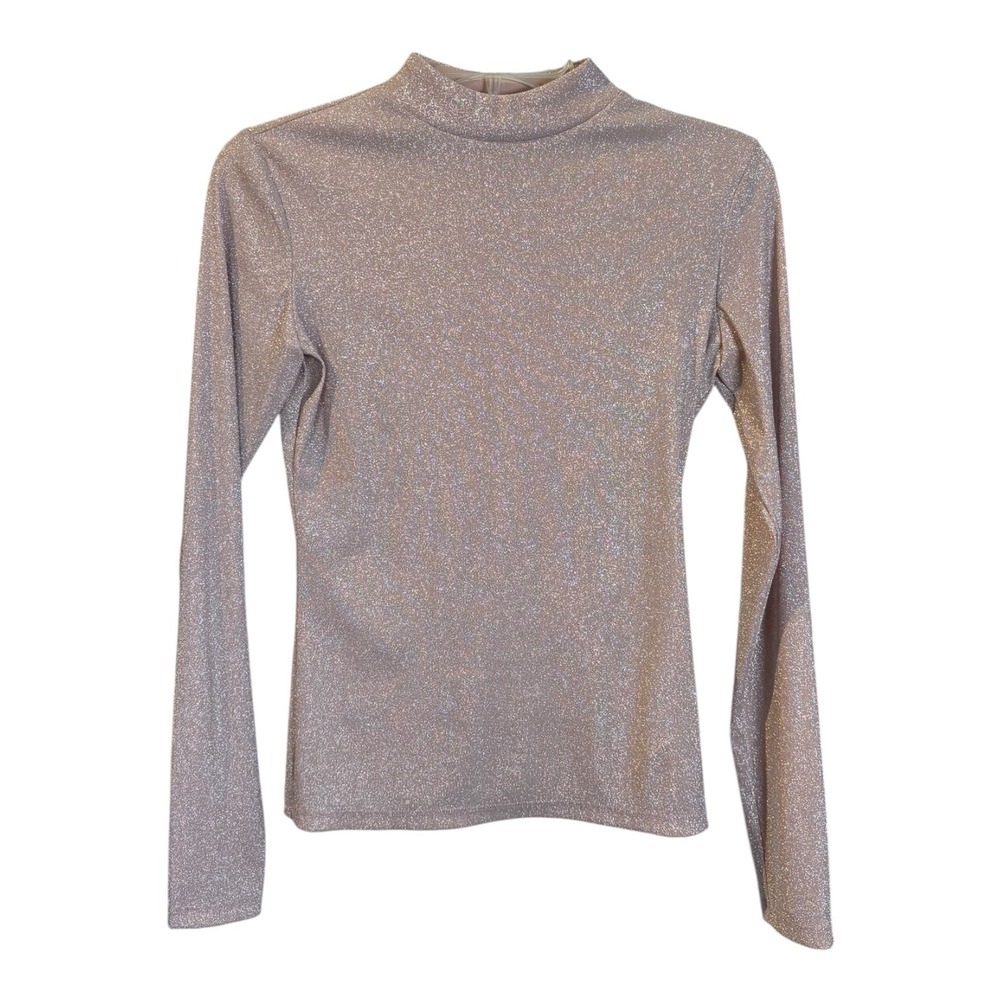 Reformation Junie Sparkle Top Rose Gold Metallic Mock Neck Long Sleeve Size S